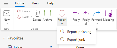 The Report icon on the ribbon contains report phishing options.