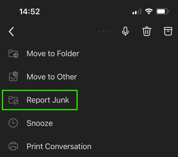 Select Report Junk on the message actions menu