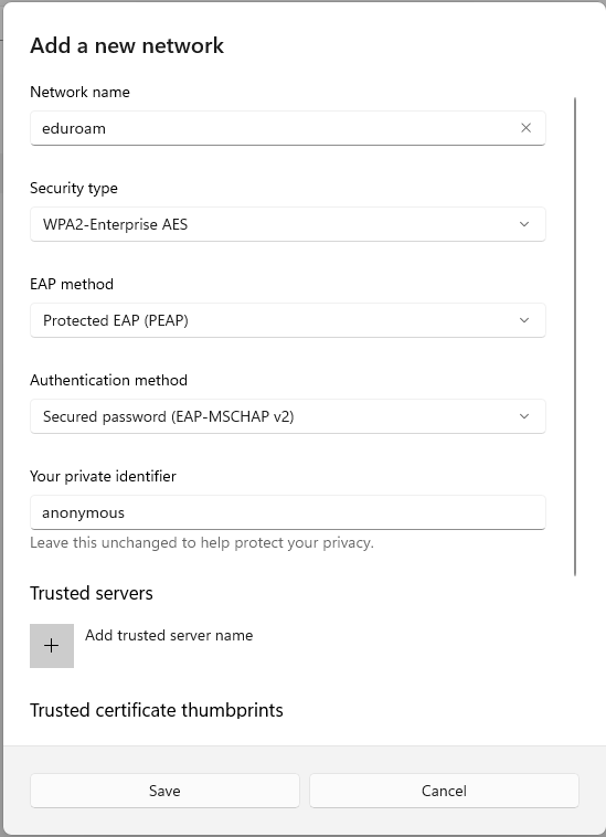 network options with save button below