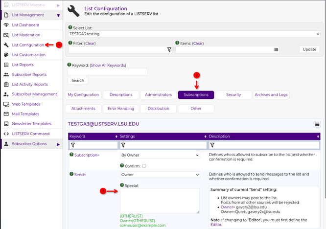 subscriptions tab, send equals, text box under Special to add authorized senders