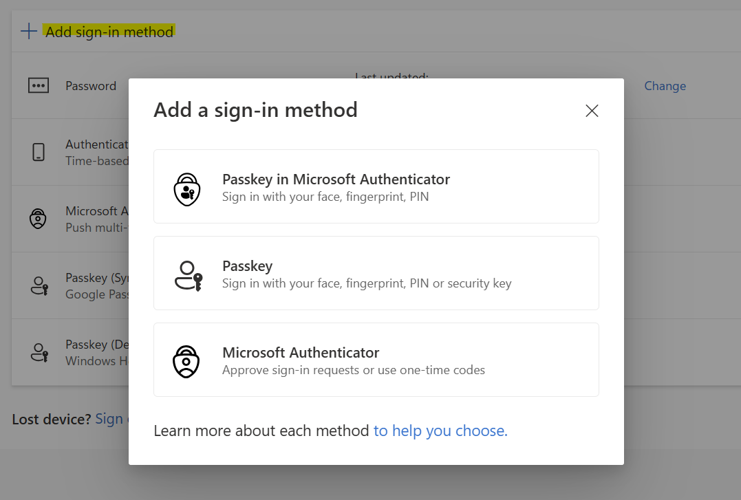 Add a sign in method screen showing passkey and authenticator options