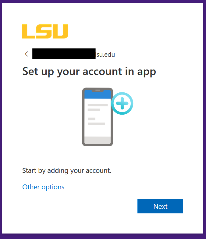 a prompt reading "set up your account in app" directing user to perform steps in an external authenticator